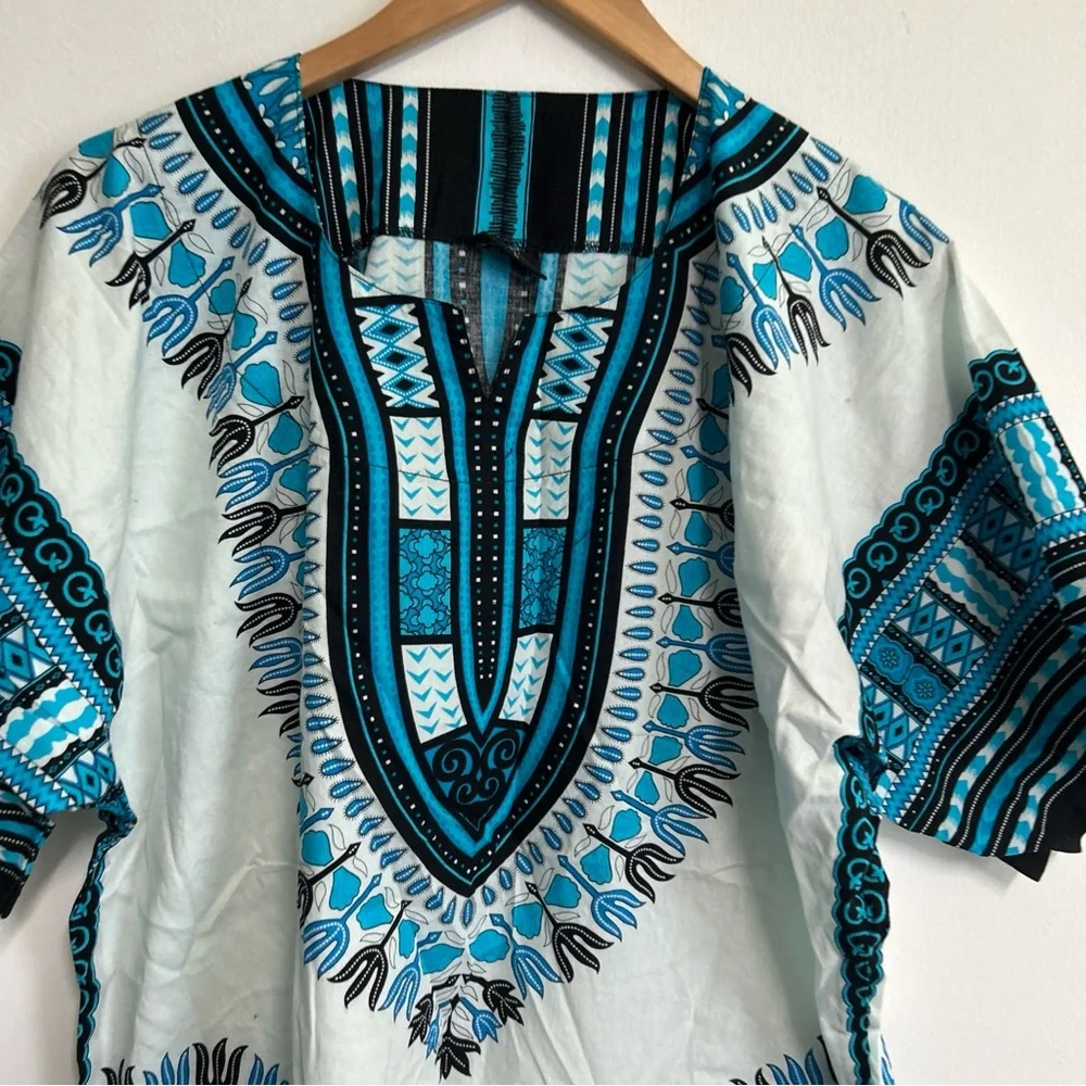 RaanPahMaung Unisex Large Dashki Blue White Pockets Cotton Tribal Short Sleeve‎
